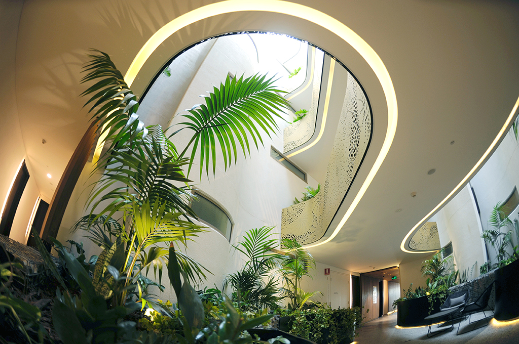 The interior planting and view through the atrium of the botanical apartment building