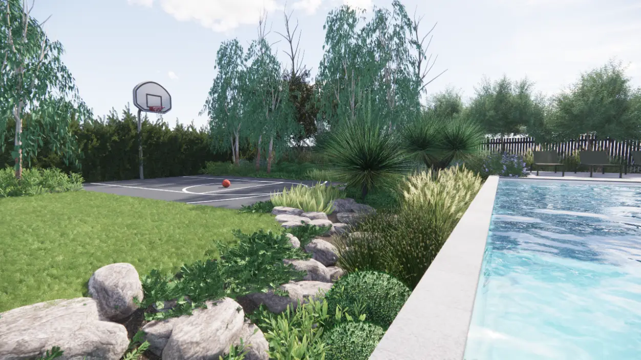 A landscape design render with a basketball court, concrete pool and planted gully.