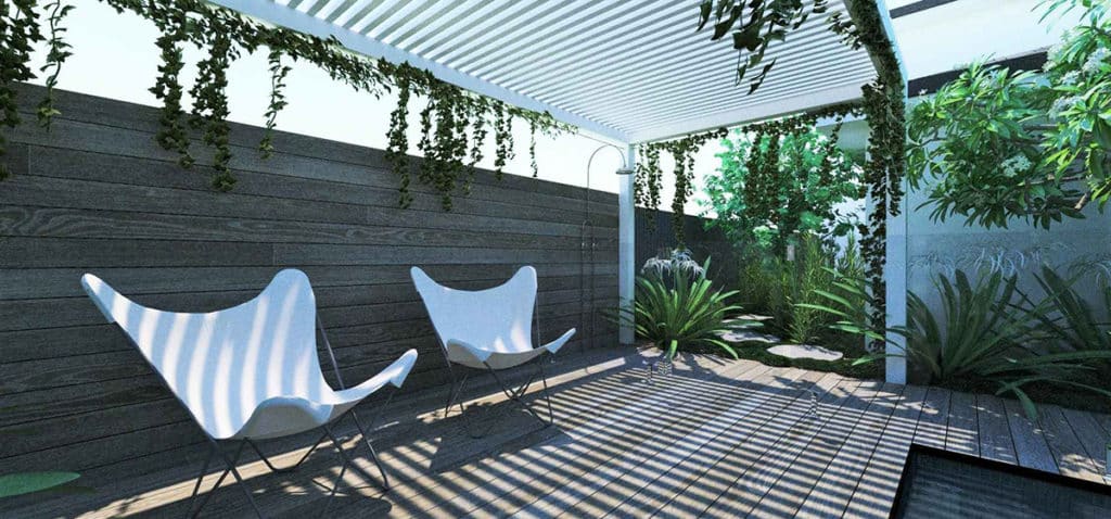 the shaded pool lounge area