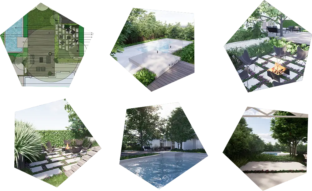 2D and 3D mockups of a residential landscape design.