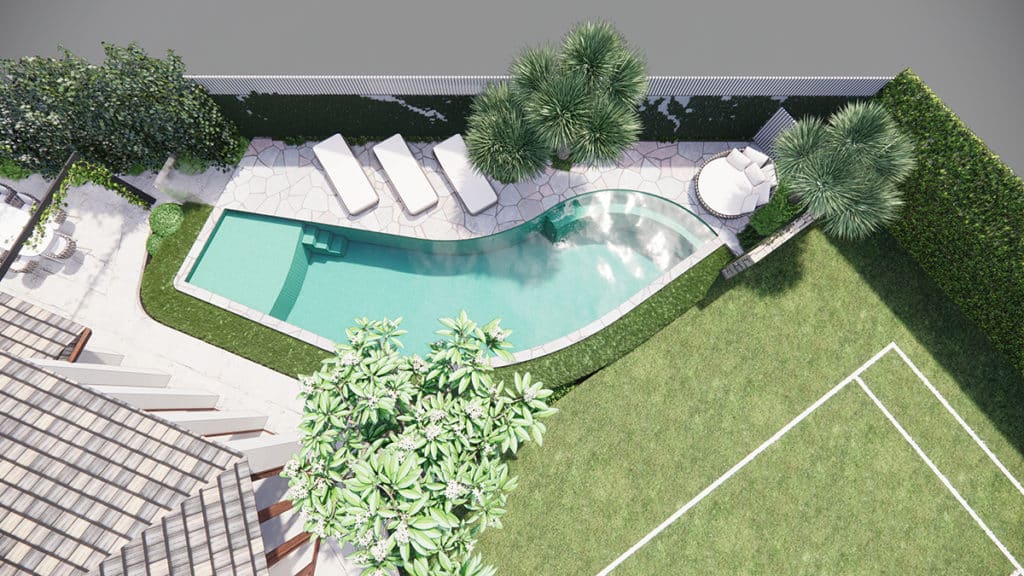 Birds eye view of a contemporary modern landscape design with blade shaped pool and tennis court.