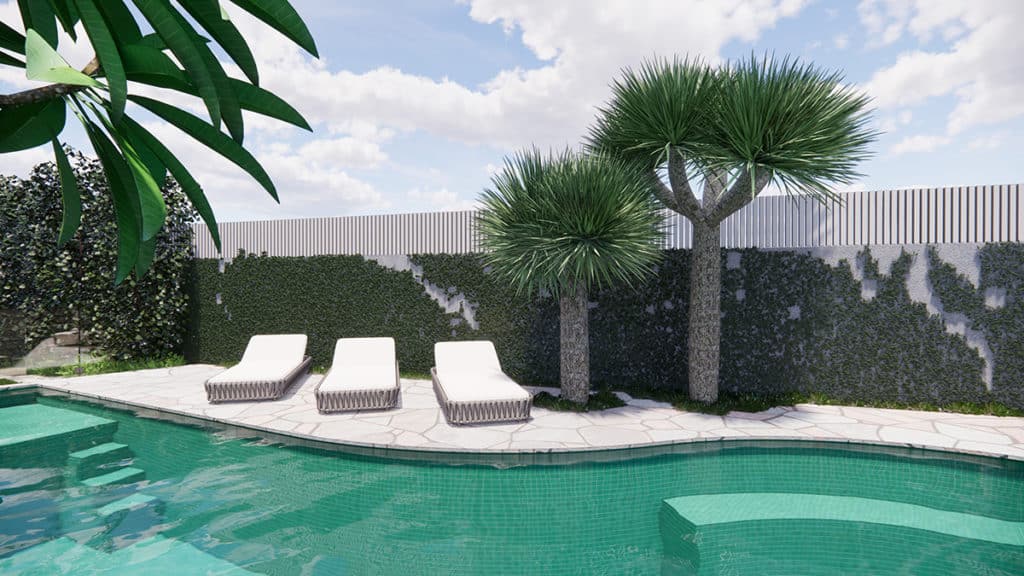 Modern traditional landscape and pool design with creeping plants and blade shaped concrete pool.