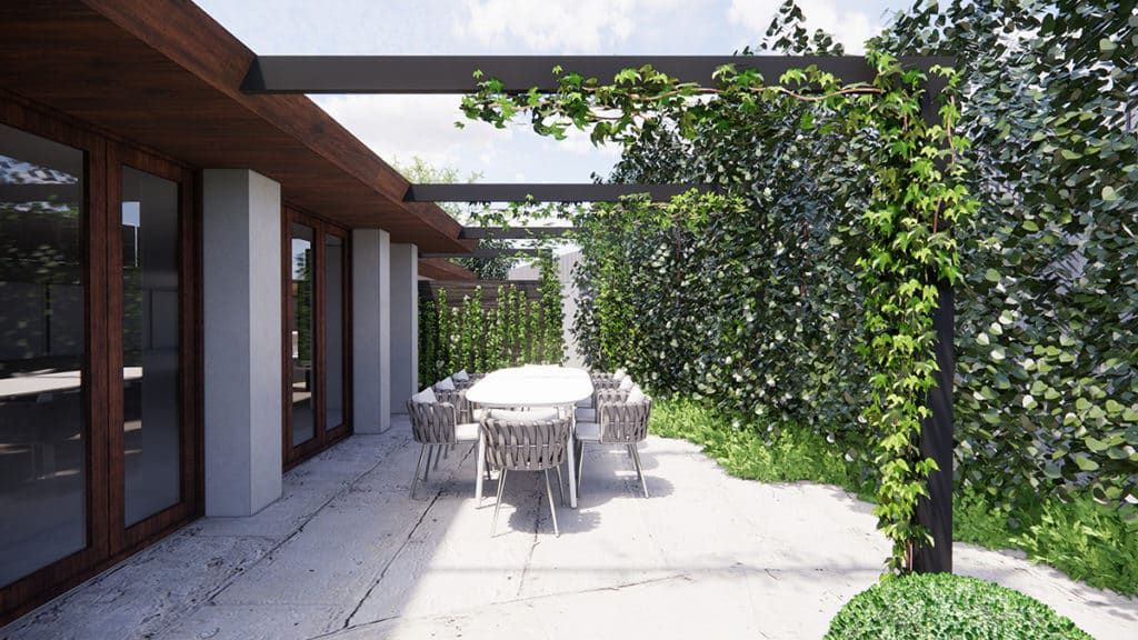 Modern traditional landscape design with dining area and creeping plants.
