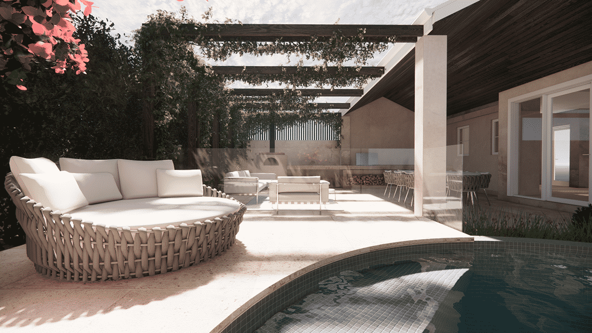 A landscape design render of a circular tiled pool and entertaining area