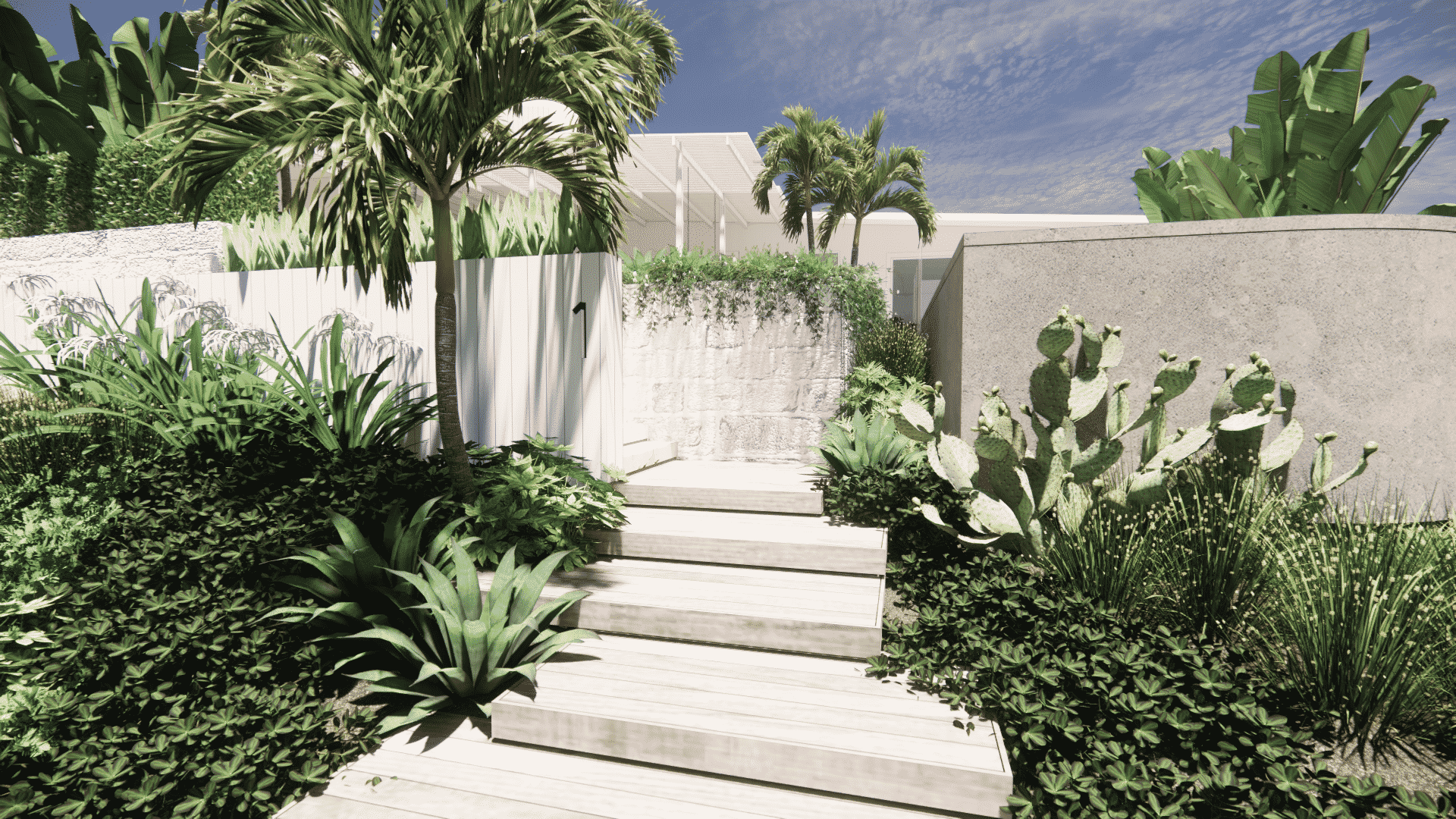 landscape design render of a front entryway with hardy cacti and palm trees.