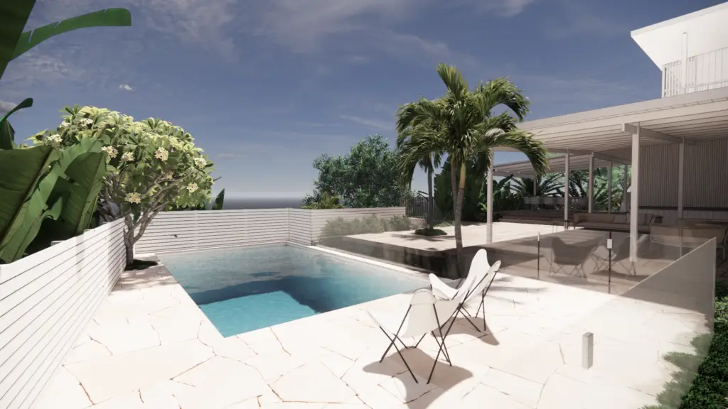 A landscape design render of a concrete pool area with crazy paving and palm trees in a relaxed, coastal style, facing away from the home and overlooking the surrounds.