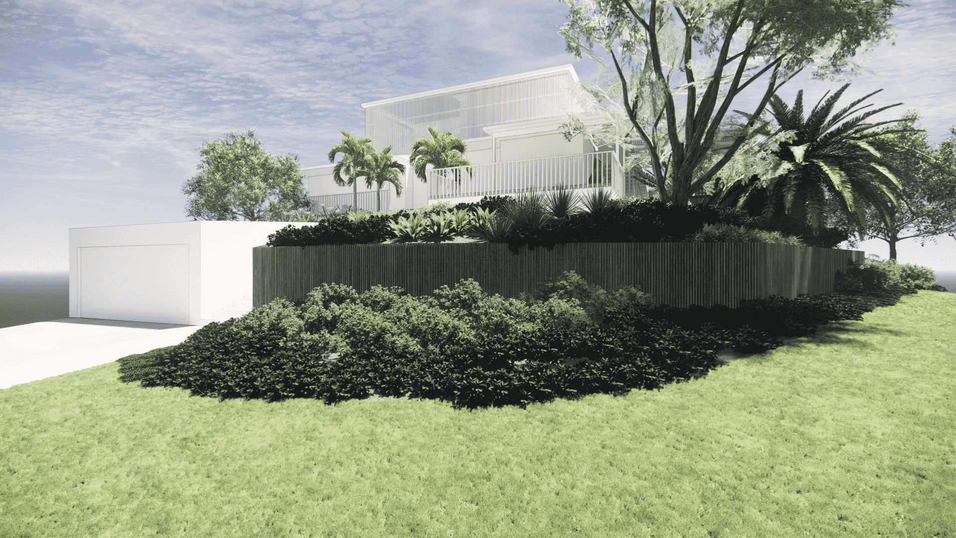 A landscape design render of the front of a white multi-level home, the garden is planted with a mix of hardy plants in neutral tones.
