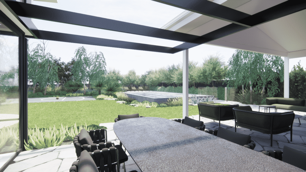 A landscape design render overlooking a landscape with a rectangular concrete pool and native planting.