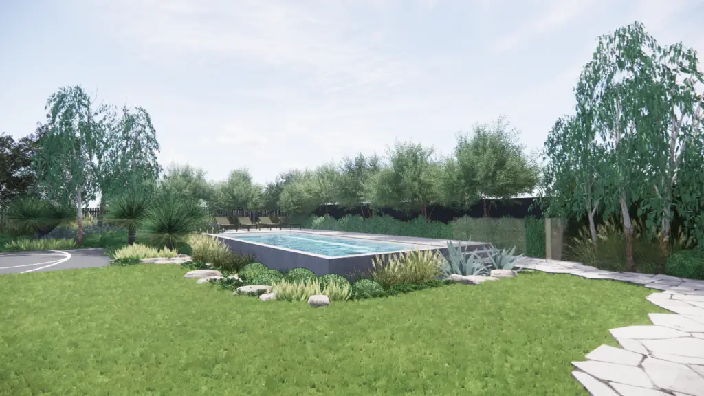A landscape design render overlooking a landscape with a rectangular concrete pool and native planting.