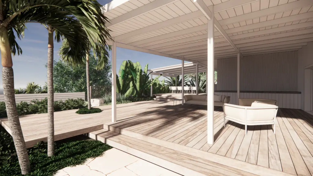 A landscape design render of a relaxed, coastal style patio and lounge area.
