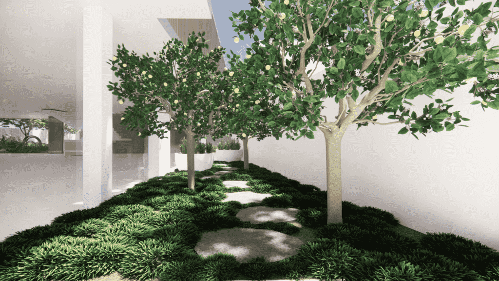 A landscape design render showing a stepping pathway through trees and groundcover.