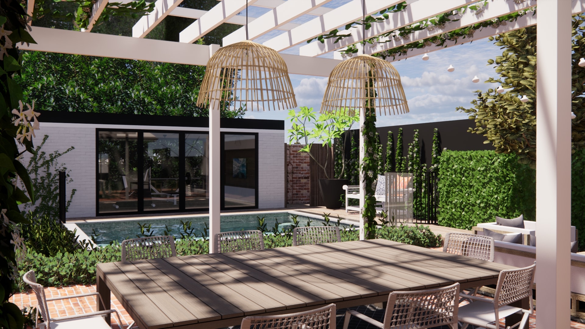 A landscape design render showing an alfresco area, tiled pool and stand-alone gym.
