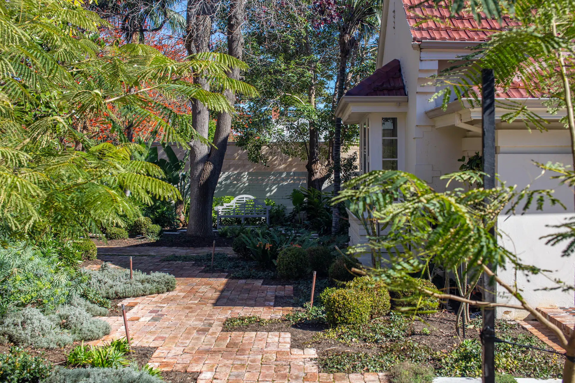 the claremont landscape with rustic brick paving and planting