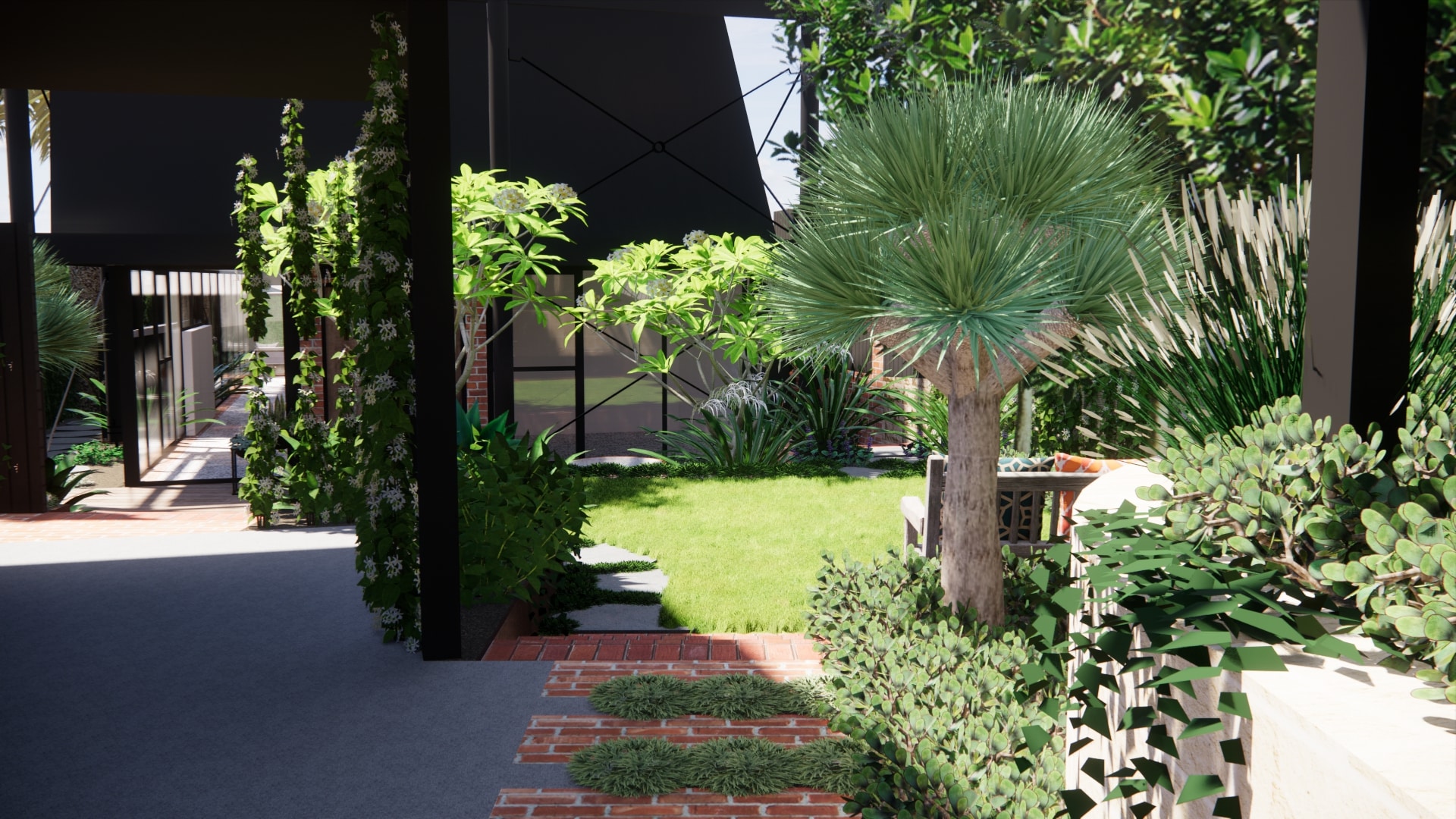 A landscape design render showing a new front entry and carport