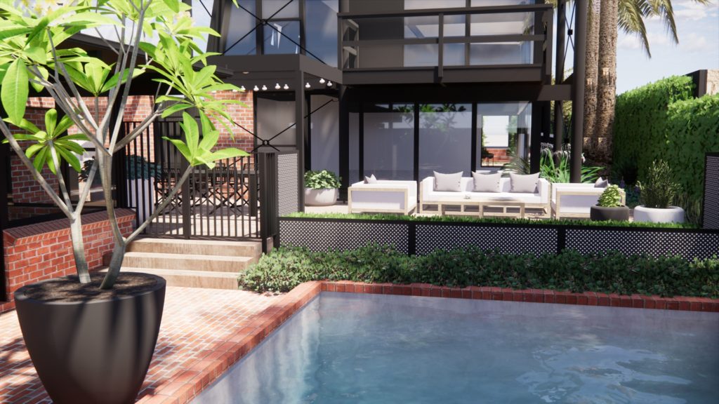 A landscape design render showing a compact backyard and pool