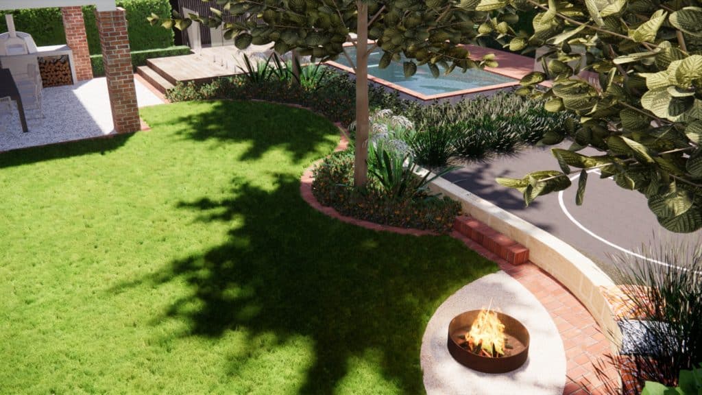 A 3d render showing a landscaped pool, basketball court and fire pit