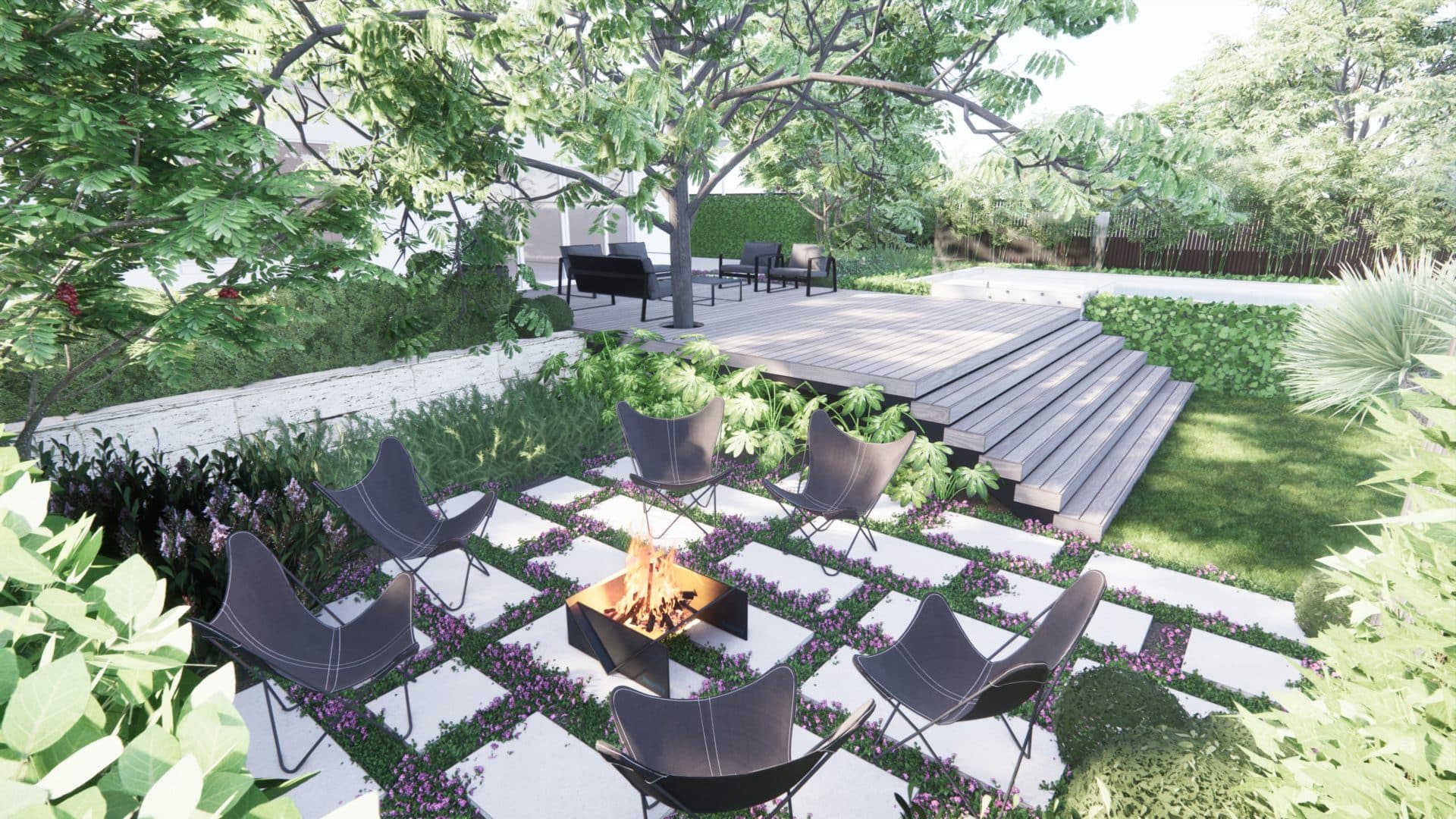 A landscape design render featuring a fire pit and conversation circle