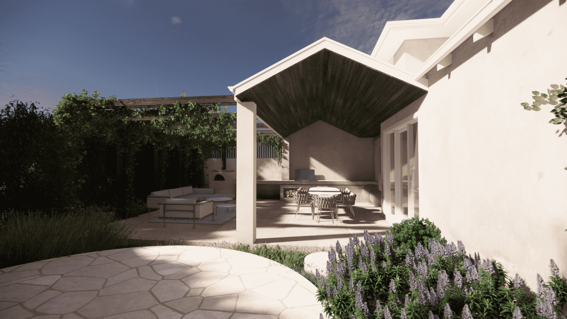 A landscape design render of a mediterranean garden with an outdoor kitchen