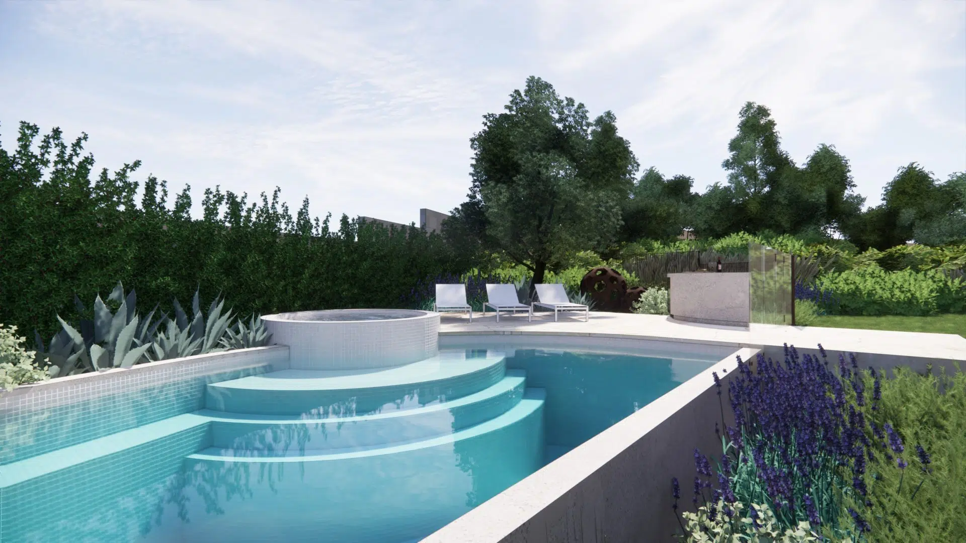 A landscape design illustration representing a custom moated concrete pool and spa