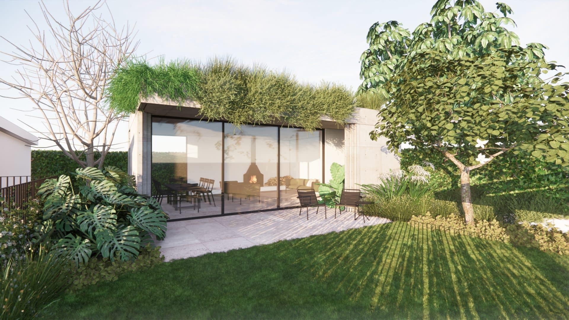 A landscape design illustration representing an outdoor room with a green roof