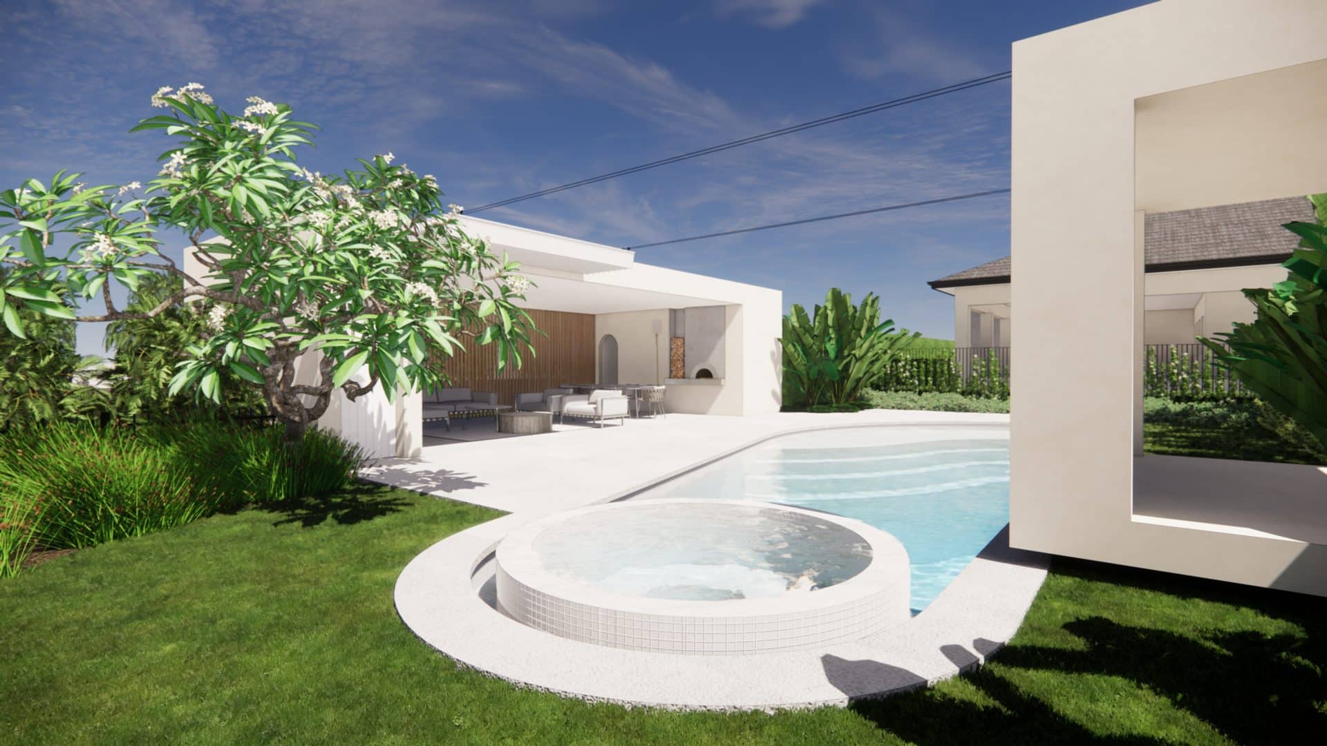 A landscape design illustration representing a custom concrete pool and spa